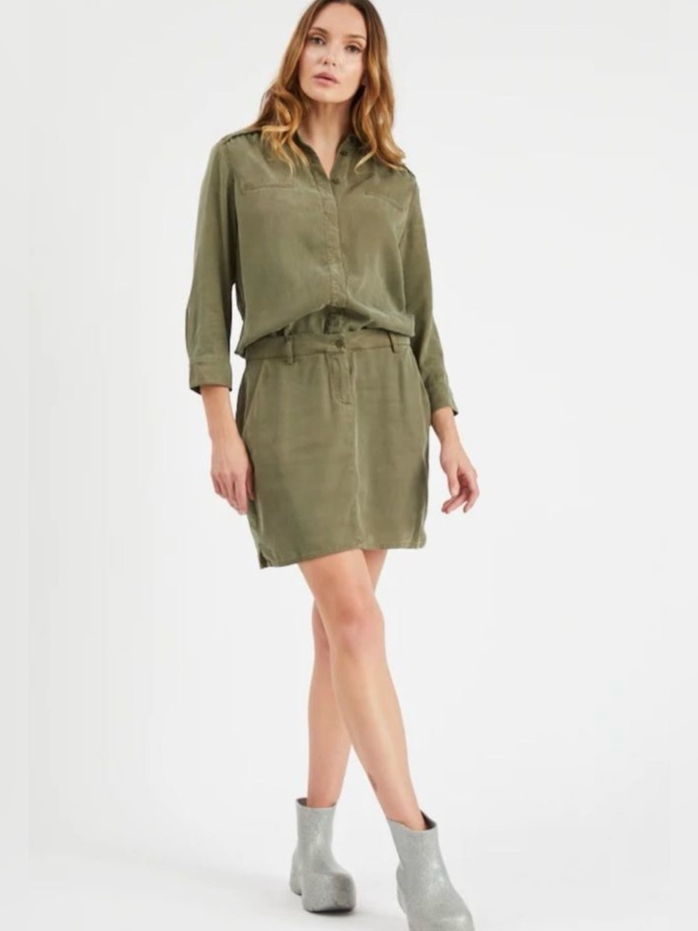 Etienne Marcel Military/Olive Green Utility Mini Button-Down Shirt Dress